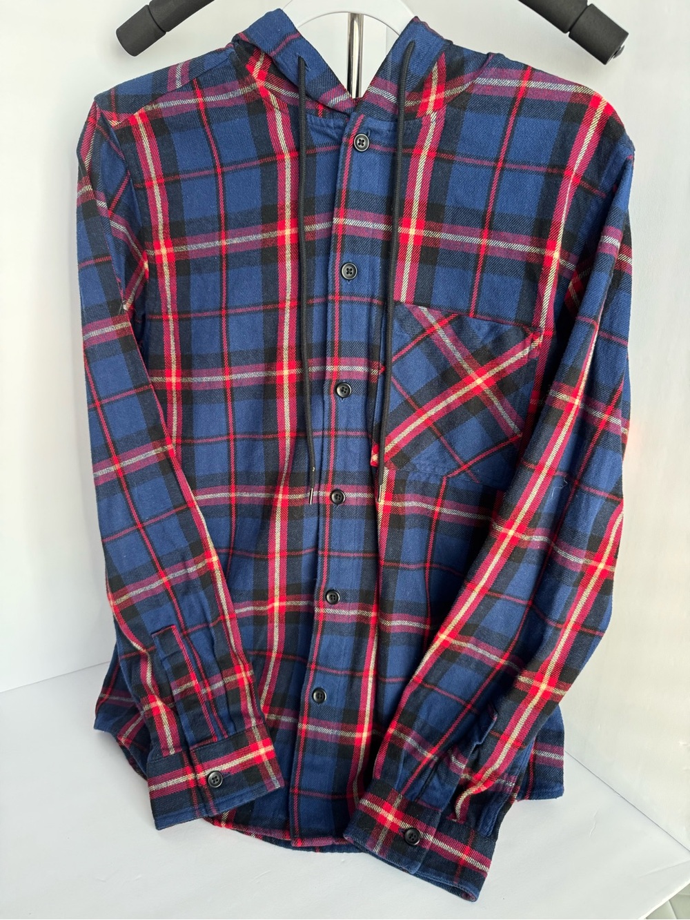 Original Use Plaid Hooded Button-Up Shirt Blue Red Flannel Size Small